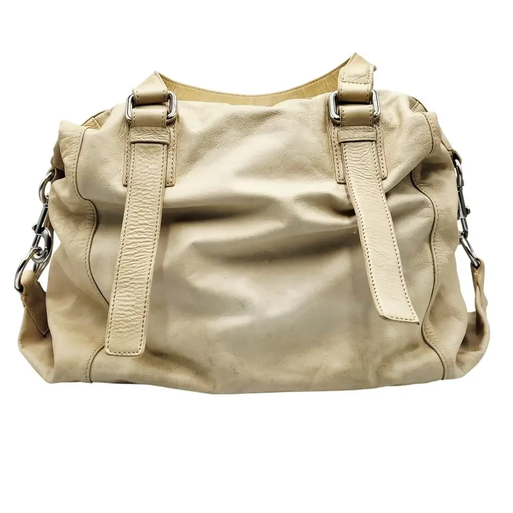 Club Monaco Beige 100% Leather Slouchy Satchel Handbag Gathered Side Detail